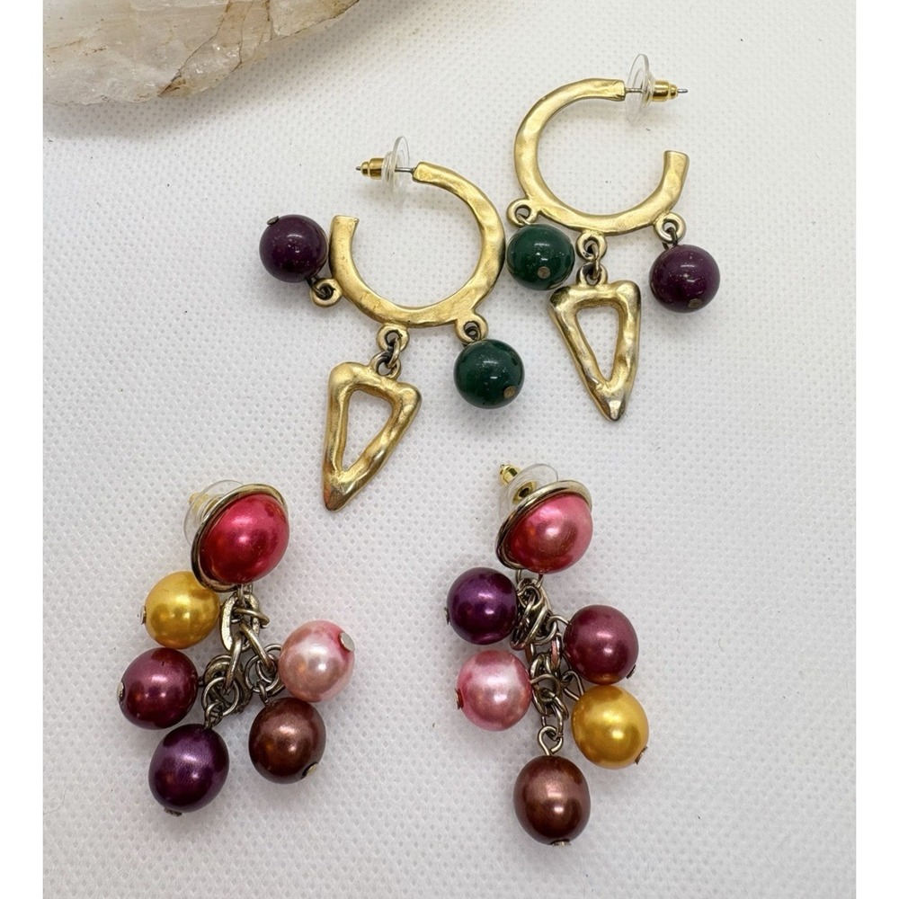 Lot of 2 Vintage Statement Earrings Bold Beaded Dangles Colorful Retro Costume